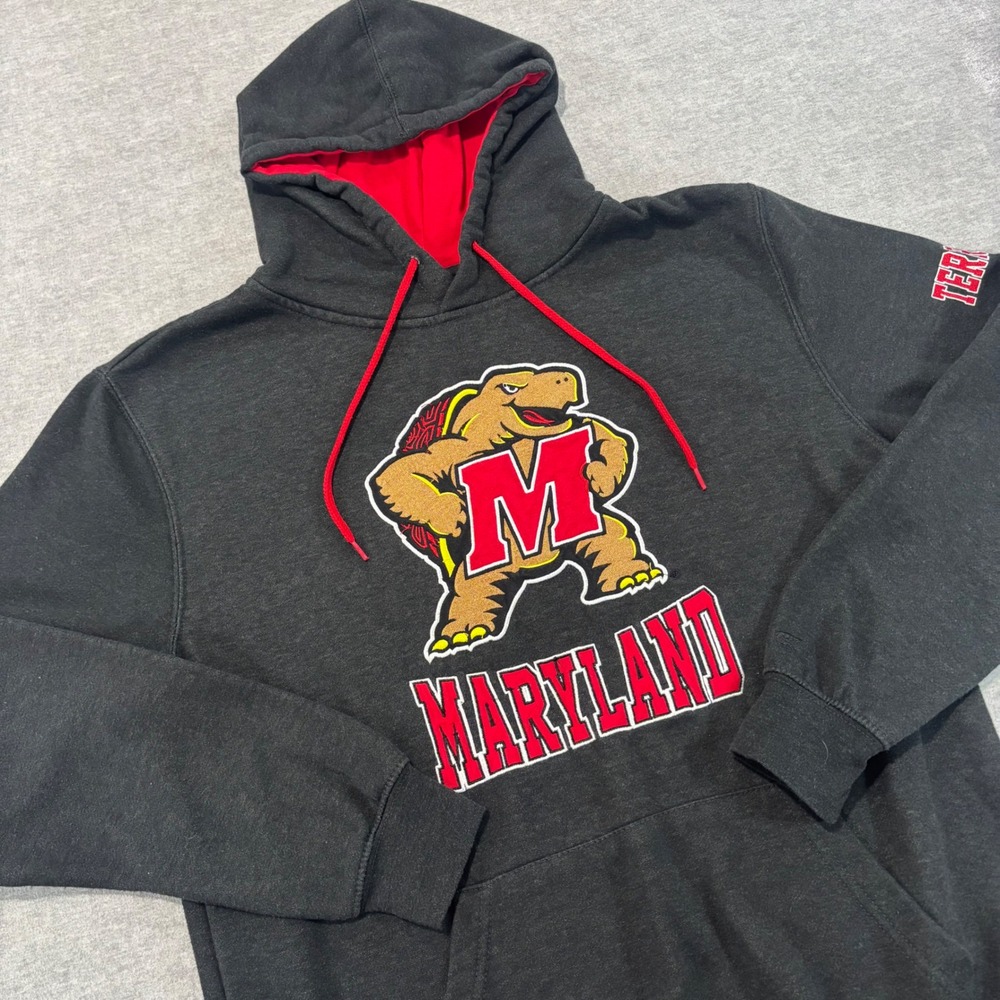 Colosseum Maryland Terrapins Hoodie Mens Medium Gray Red Mascot Pullover Fleece